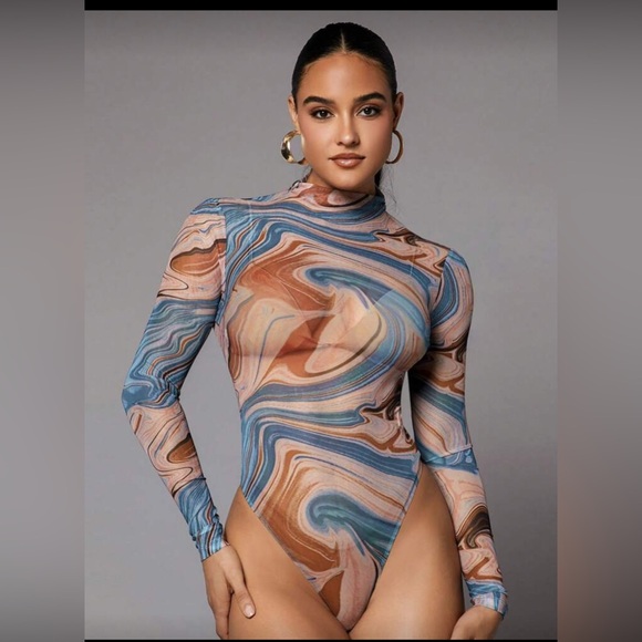 Tops - Marble Print Long Sleeve Turtleneck Bodysuit